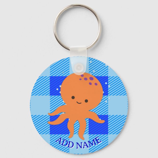 Cute Octopus Cartoon Blue Plaid Custom Name Key Ring (Front)