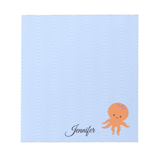 Cute Octopus Cartoon Blue Waves Custom Name Notepad (Front)