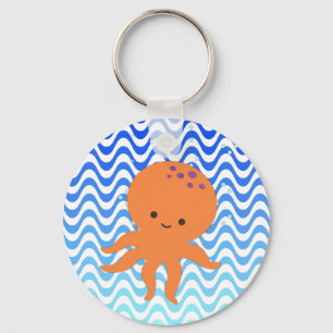 Cute Octopus Cartoon Blue Waves Key Ring