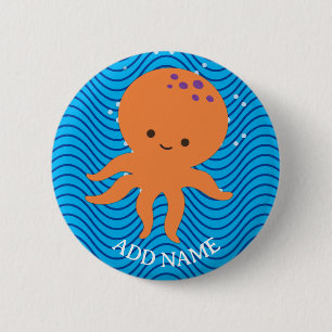 Cute Octopus Cartoon Blue Waves Pattern 6 Cm Round Badge