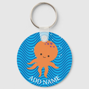 Cute Octopus Cartoon Blue Waves Pattern Key Ring
