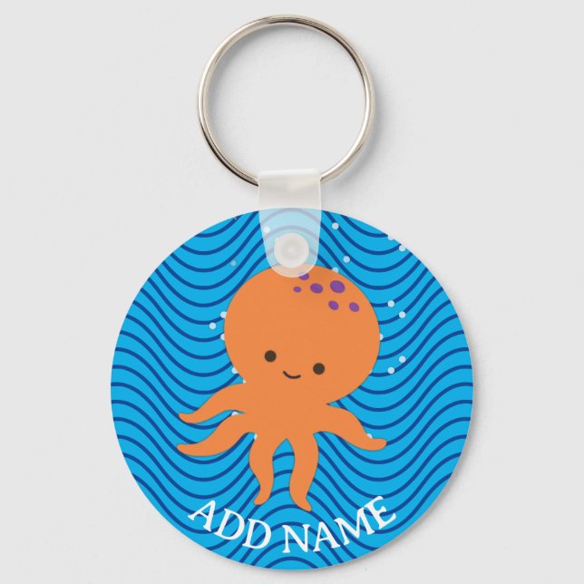Cute Octopus Cartoon Blue Waves Pattern Key Ring (Front)
