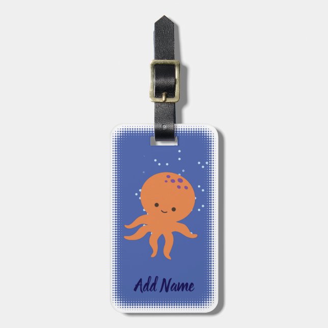 Cute Octopus Cartoon Custom Blue Luggage Tag (Front Vertical)