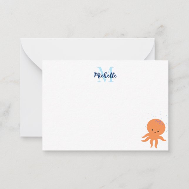 Cute Octopus Cartoon Custom Monogram Card (Front)