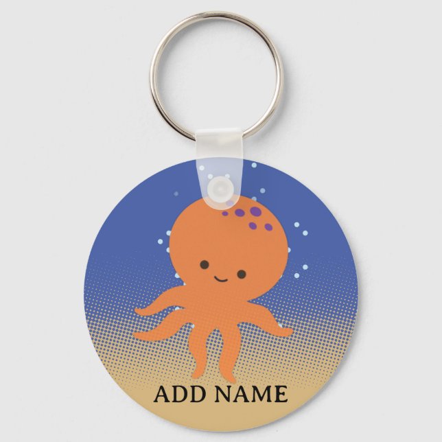 Cute Octopus Cartoon Custom Name Key Ring (Front)