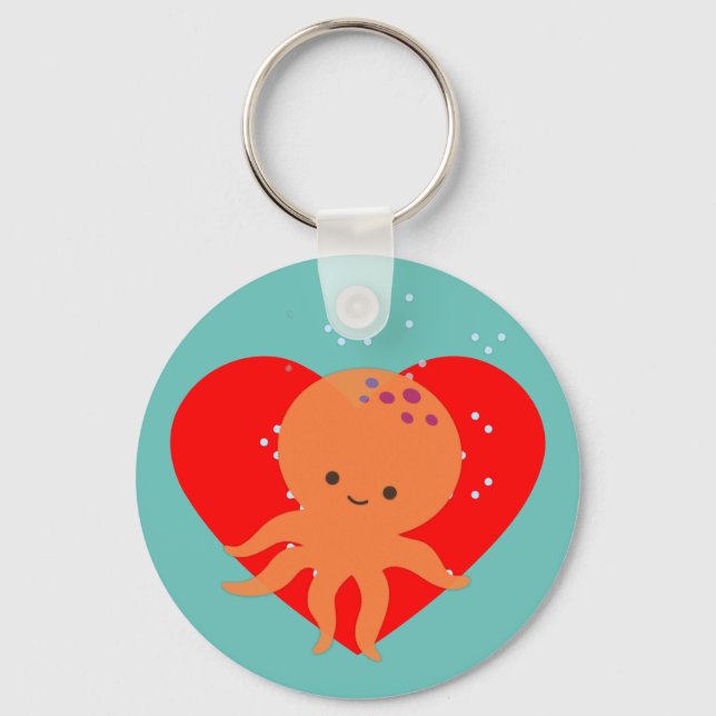 Cute Octopus Cartoon Red Heart Key Ring (Back)