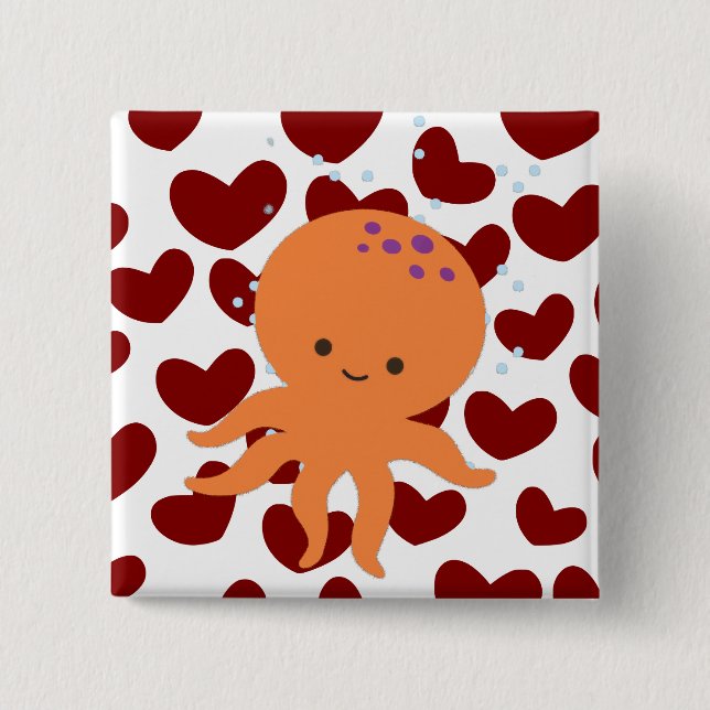 Cute Octopus Cartoon Red Heart Pattern 15 Cm Square Badge (Front)