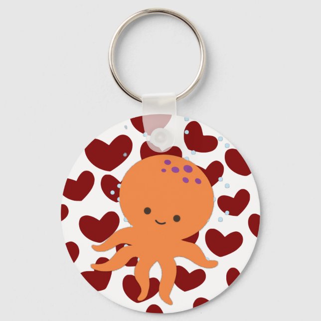 Cute Octopus Cartoon Red Heart Pattern Key Ring (Front)