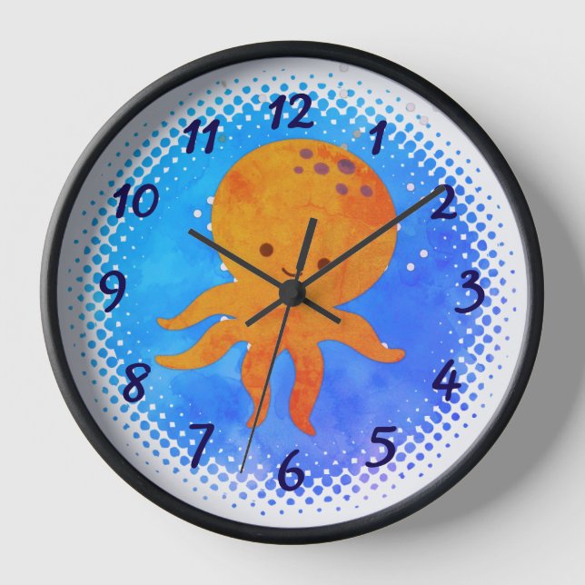 Cute Octopus Cartoon Watercolor Background Clock (Front)
