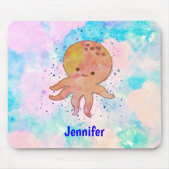 Cute Octopus Cartoon Watercolor Custom Name Mouse Pad (Front)
