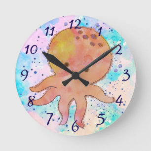 Cute Octopus Cartoon Watercolor Round Clock