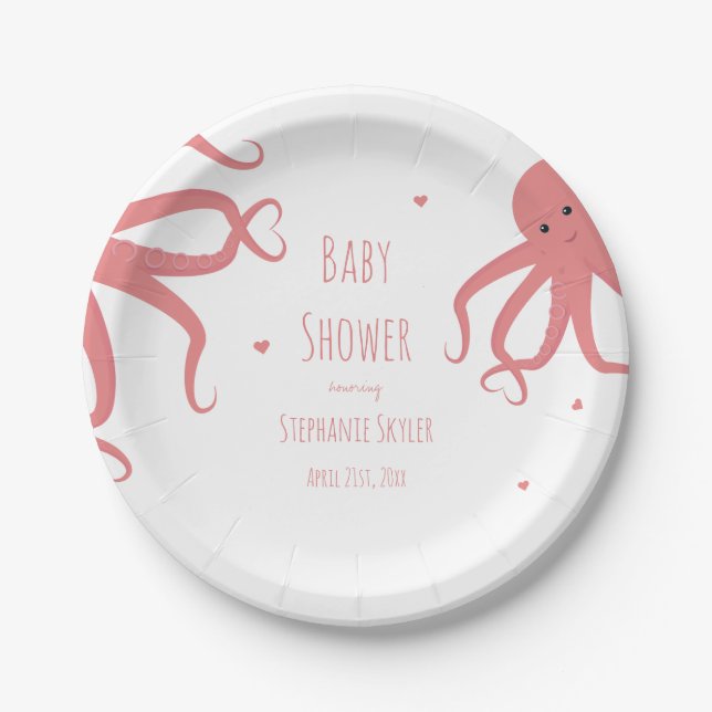 Cute Octopus Heart Pink Baby Shower Paper Plate (Front)