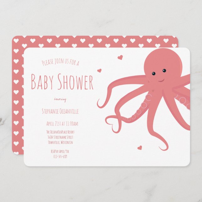 Cute Octopus Heart Pink Horizontal Baby Shower Invitation (Front/Back)
