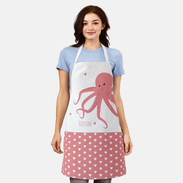 Cute Octopus Heart Pink White Name Animal Apron (Worn)
