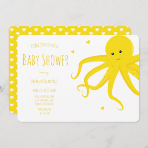 Cute Octopus Heart Yellow Horizontal Baby Shower Invitation