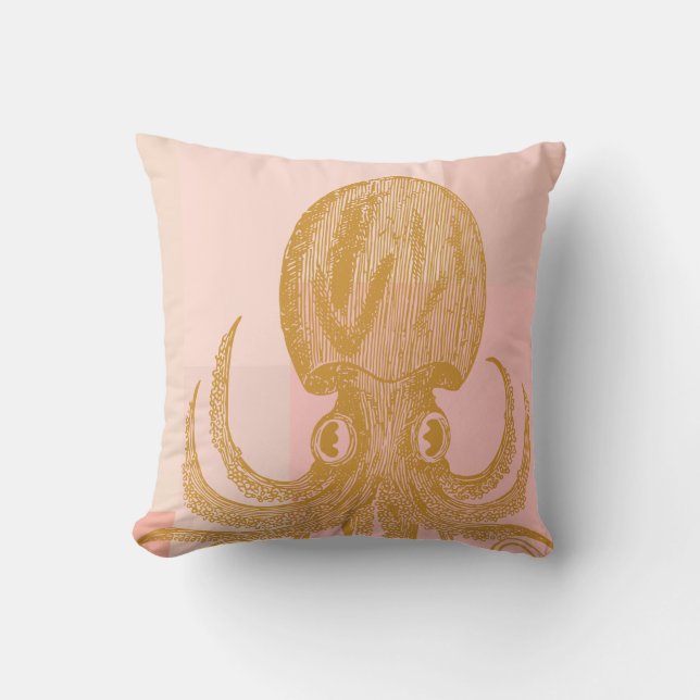 Cute Octopus Illustration in Pink and Gold Cushion (Front)