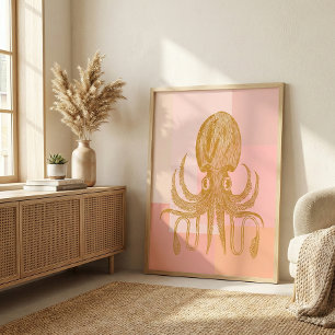Cute Octopus Illustration in Pink and Gold Poster
