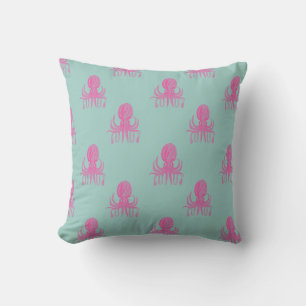 Cute Octopus Illustration Pattern Aqua and Fuchsia Cushion