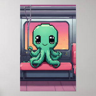 Cute Octopus on a Sunset Subway Ride Poster