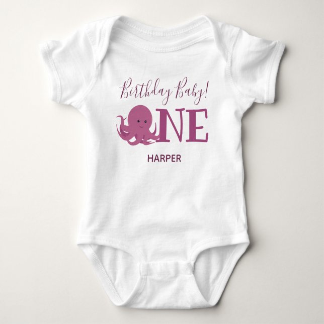 Cute Octopus One Name First Birthday Baby Bodysuit (Front)