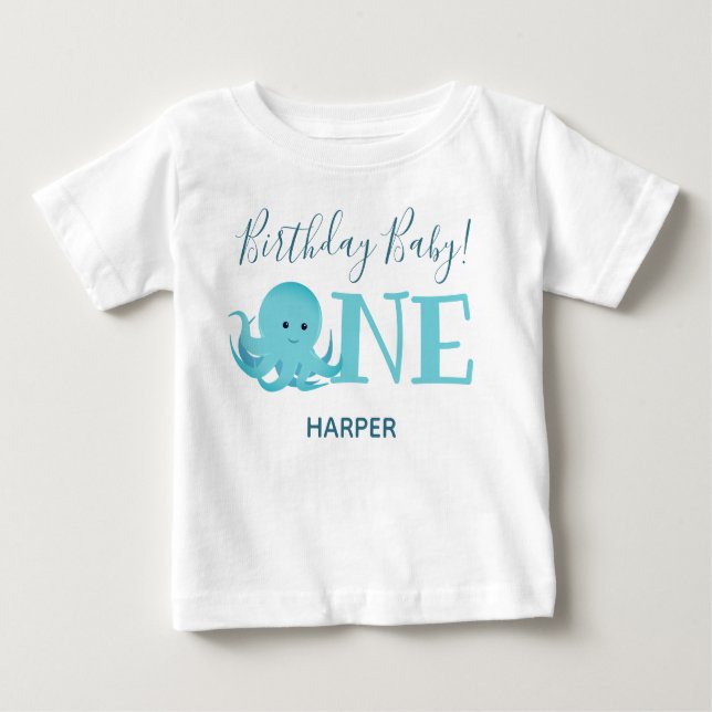 Cute Octopus One Name First Birthday Baby T-Shirt (Front)
