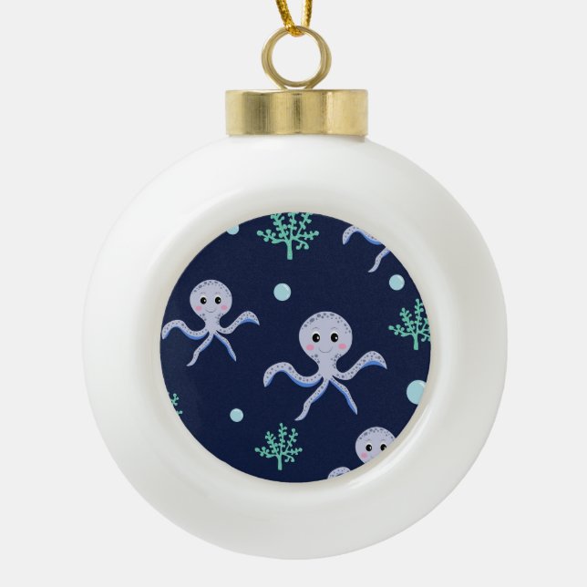 Cute Octopus Pattern Ceramic Ball Christmas Ornament (Front)