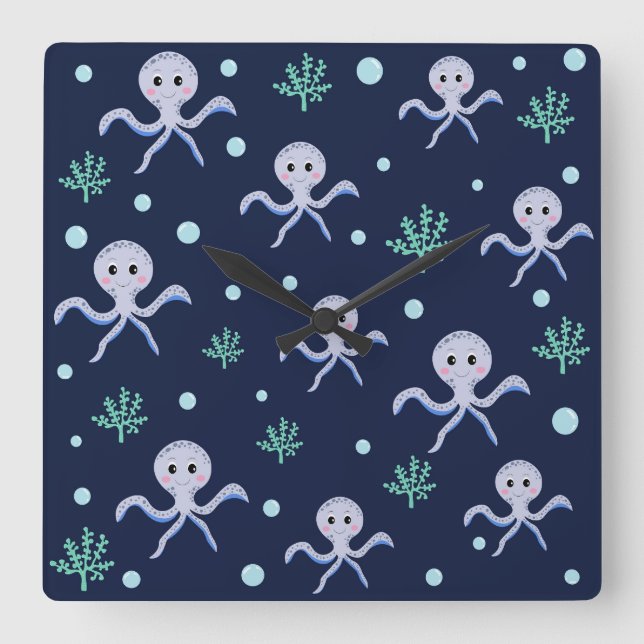 Cute Octopus Pattern Square Wall Clock (Front)