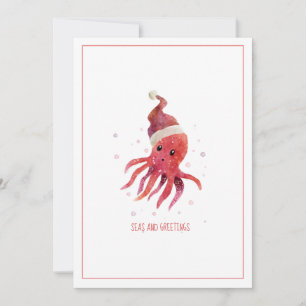 Cute Octopus Seas and Greetings Santa Hat Holiday Card