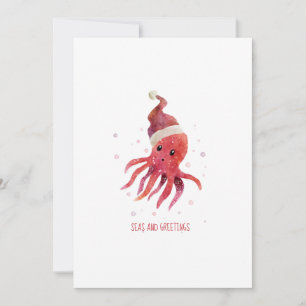 Cute Octopus Seas and Greetings Santa Hat Holiday Card