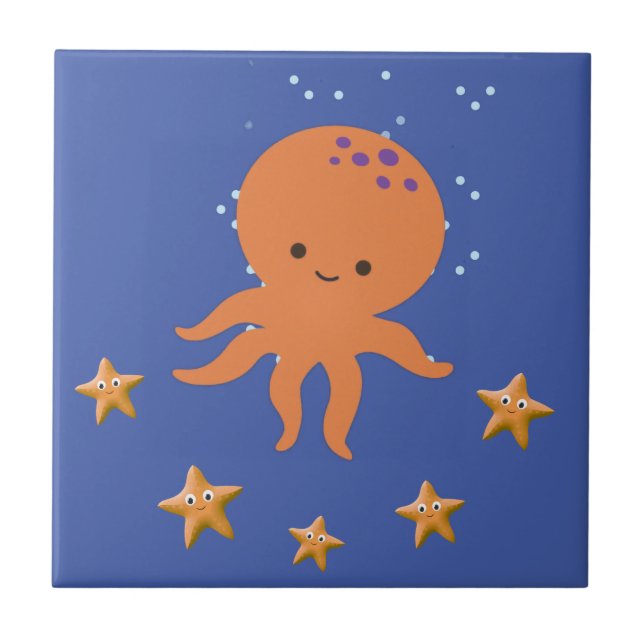 Cute Octopus Starfish Cartoon Ceramic Tile (Front)