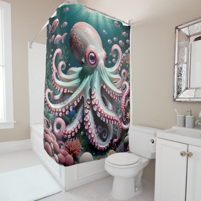 Cute Octopus under the sea pinks and blues Shower Curtain (In Situ)