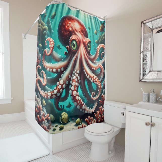 Cute Octopus under the sea reds and blues Shower Curtain (In Situ)