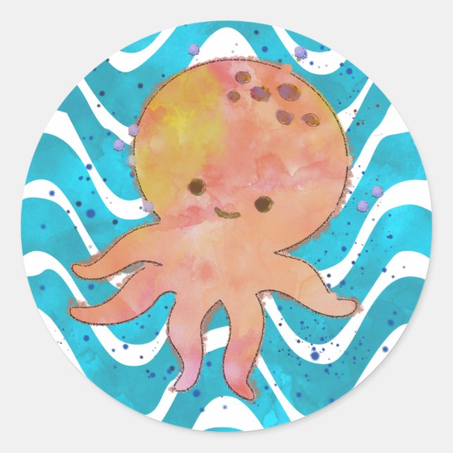Cute Octopus Watercolor Cartoon Classic Round Sticker (Front)