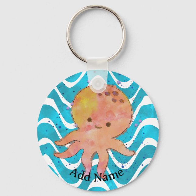 Cute Octopus Watercolor Cartoon Key Ring (Front)