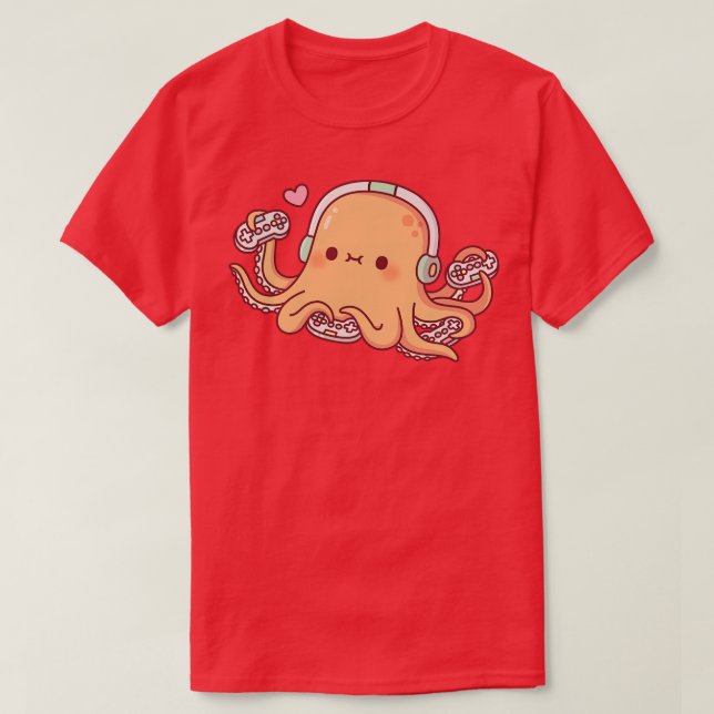 Cute Octopus With Four Video Game Controllers T-Shirt (Design Front)