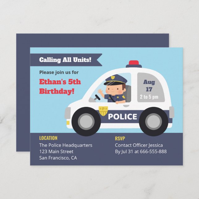Cute Officer Boy in Police Car Birthday Party Invitation (Front/Back)