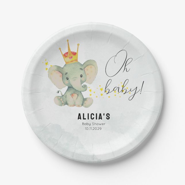 Cute Oh Baby Gender Neutral Elephant Baby Shower Paper Plate (Front)