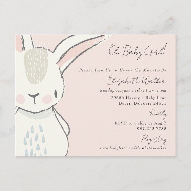 Cute Oh Baby Girl Bunny Pink Baby Shower  Postcard (Front)