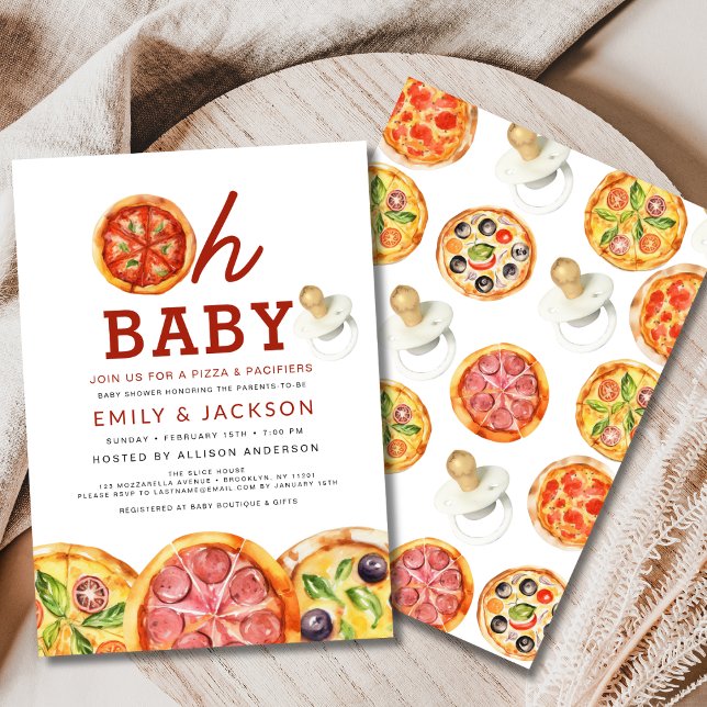 Cute Oh Baby Pizza & Pacifiers Baby Shower Invitation (Creator Uploaded)