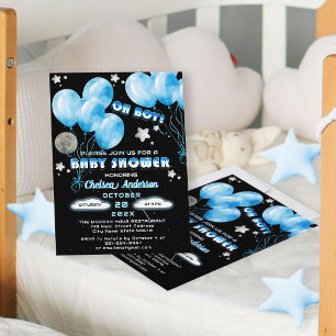 Cute Oh Boy Blue Balloons Night Stars Baby Shower Invitation