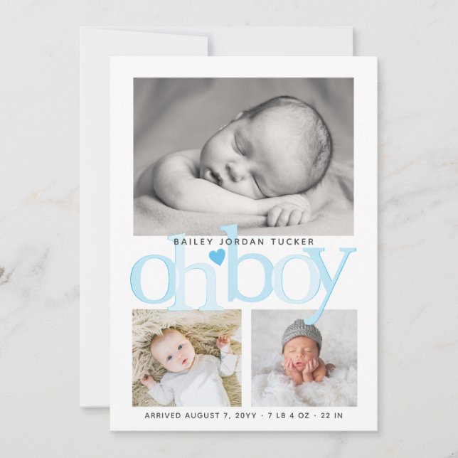 Cute Oh Boy Bright Blue Heart Collage Photo Birth Announcement (Front)