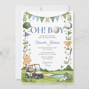 Cute Oh Boy Golf Cart Baby Shower Blue Gingham Invitation