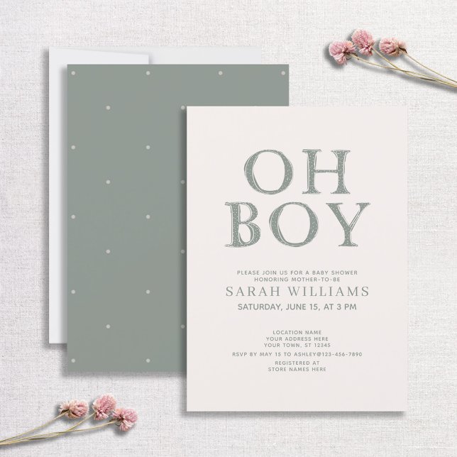 Cute Oh Boy Green Dots Minimal Baby Shower Invitation (Creator Uploaded)