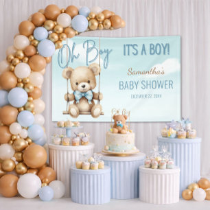 Cute Oh Boy It's A Boy Bear Baby Shower Backdrop Banner