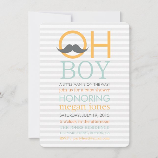 Cute Oh Boy Moustache Baby Shower Invitations (Front)