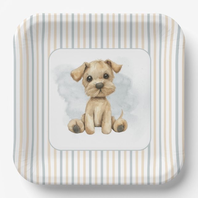 Cute Oh Boy Puppy Blue Baby Shower Paper Plate (Front)