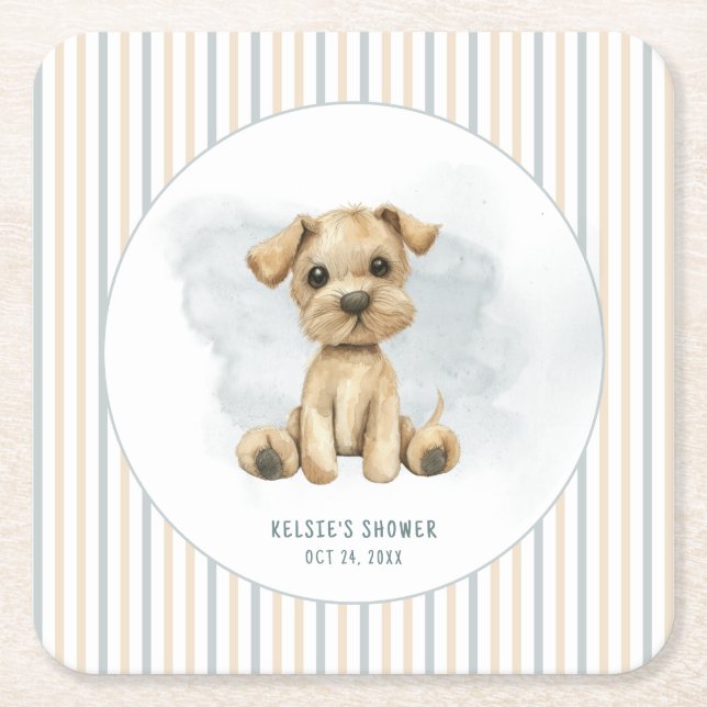 Cute Oh Boy Puppy Blue Baby Shower Square Paper Coaster (Front)