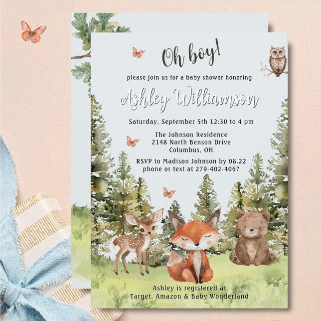 Cute Oh Boy Woodland Animals Greenery Baby Shower  Invitation (Creator Uploaded)