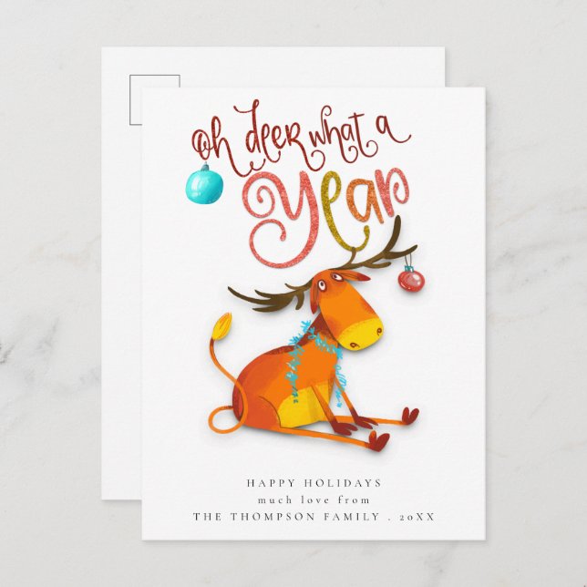 Cute Oh Deer What A Year Fun Holiday Postcard (Front/Back)