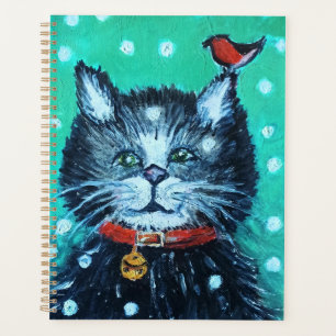 Cute Oil Painting Cat with Bird Christmas Greeting Planner